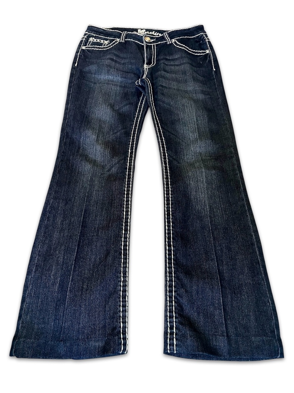 Y2K Embellished Dark Blue Flared Jeans Contrast Stitching size 13/32 low mid